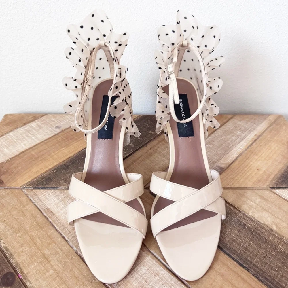 BCBGMaxazria Stella Sandal Cream Ruffle Polka Dot Heels - Picture 9 of 14